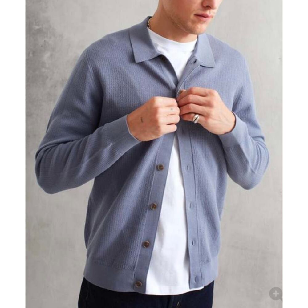Wax London Tristan Blue Textured Knit Button Up Shirt S Long Sleeve 100% Cotton